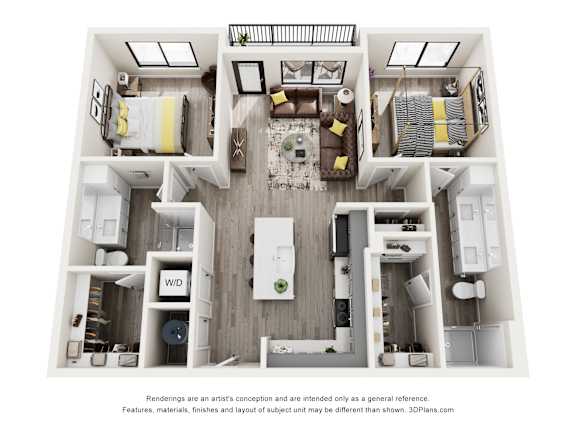 A 3D floor plan of a small apartment with a kitchen, living room, and two bedrooms.