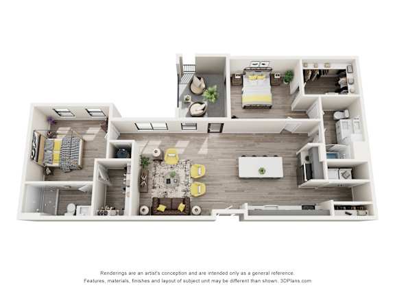 A 3D floor plan of a house with a living room, kitchen, dining room, and bedrooms.