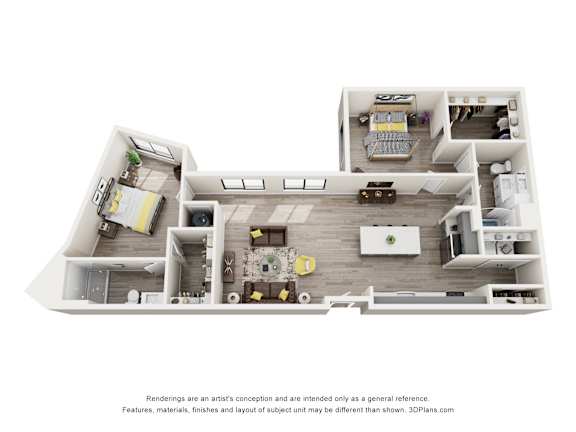 A 3D floor plan of a house with a kitchen, living room, and two bedrooms.