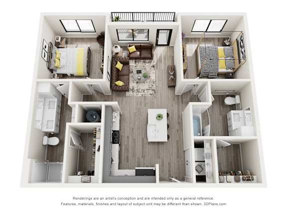 A 3D floor plan of a house with a kitchen, living room, and two bedrooms.