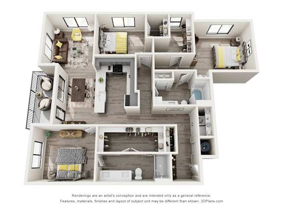 A 3D floor plan of a house with multiple rooms and furniture.