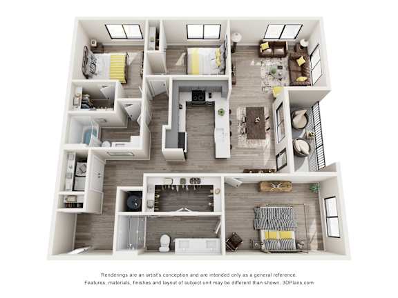 A 3D floor plan of a house with multiple rooms and furniture.