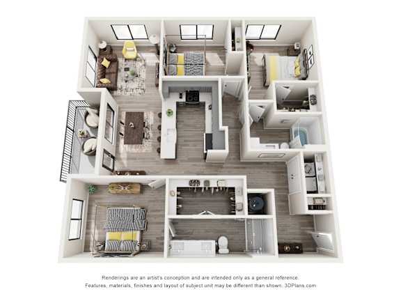 A 3D floor plan of a house with multiple rooms and furniture.