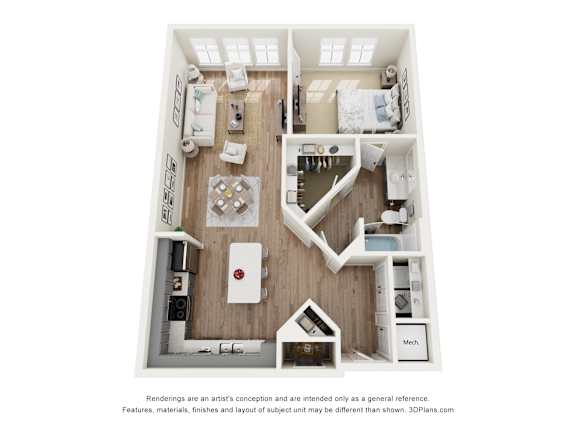 A 3D floor plan of a small apartment with a kitchen, living room, and bathroom.