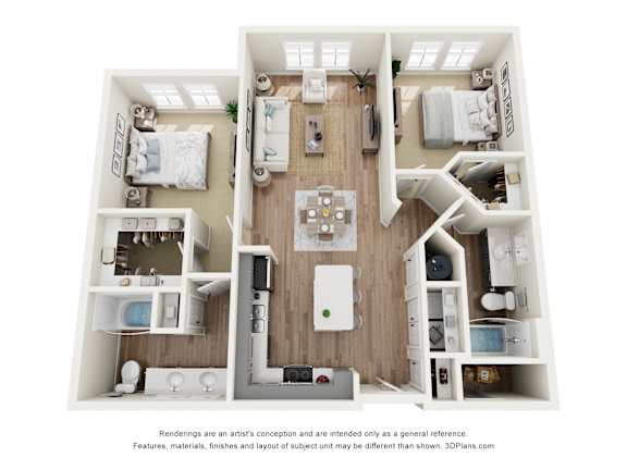 A 3D floor plan of a house with a kitchen, living room, and two bedrooms.