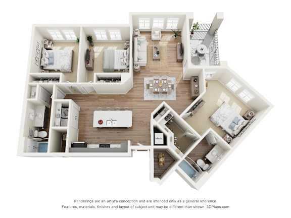 A 3D floor plan of a house with a kitchen, living room, and bedrooms.