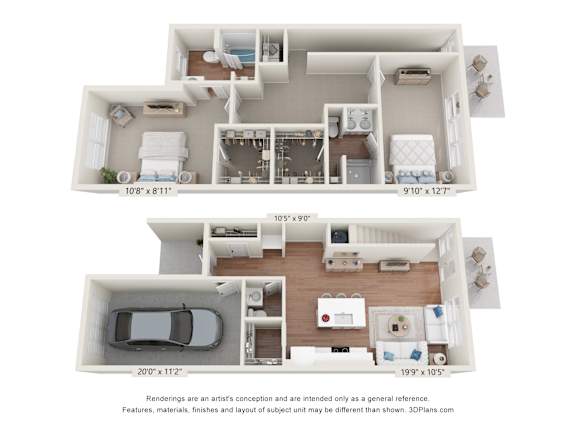A floor plan of a two-bedroom apartment with dimensions and a note about renderings.