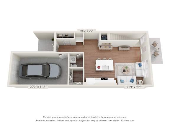 A 3D floor plan of a house with a car parked in the garage.
