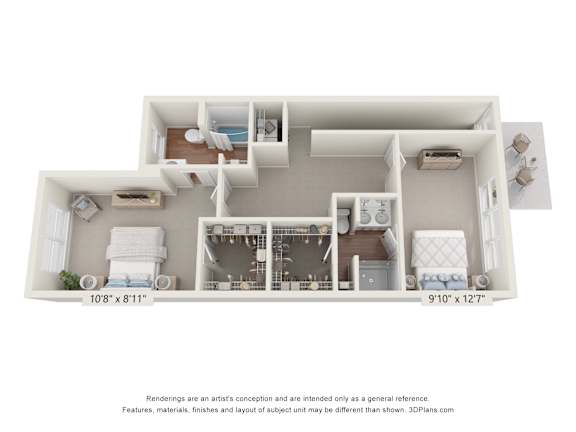 A 3D floor plan of a house with a living room, kitchen, and two bedrooms.