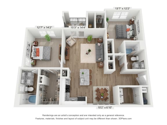 a floor plan of a 3 bedroom apartment