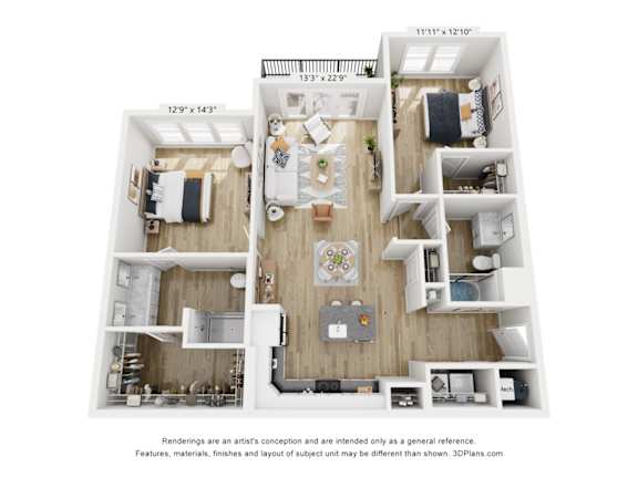 A 3D floor plan of a two-bedroom apartment.