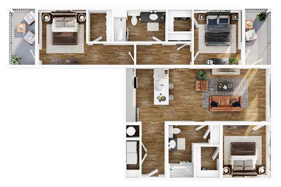 A top-down view of a house layout with various rooms and furniture.