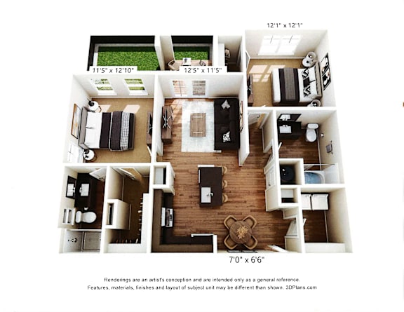 A 3D floor plan of a two-bedroom apartment with dimensions and a disclaimer.