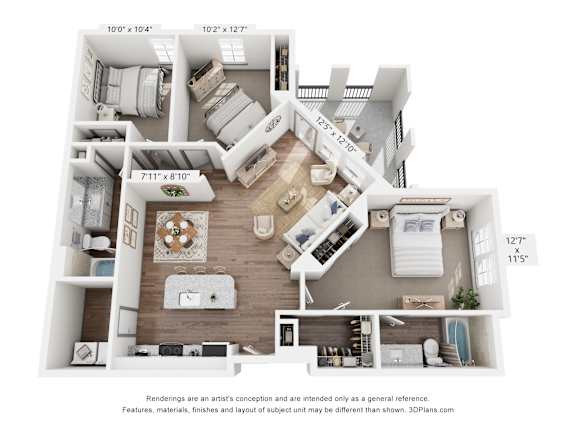 A 3D floor plan of an apartment with a kitchen, living room, and bedrooms.