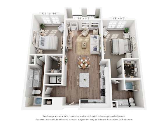 A 3D floor plan of a two-bedroom apartment with a living room, kitchen, and bathroom.