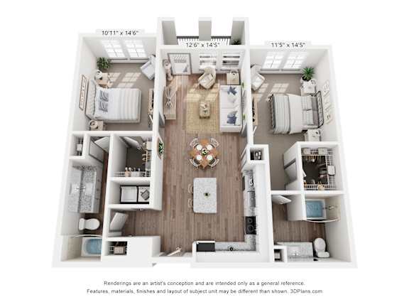 A 3D floor plan of a two-bedroom apartment.