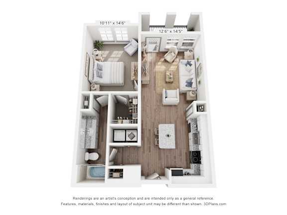 A 3D floor plan of a small apartment with a kitchen, living room, and bedroom.