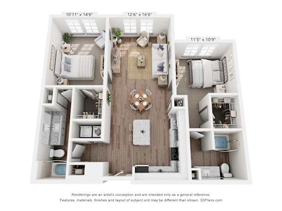 A 3D floor plan of a small apartment with a living room, kitchen, and bedrooms.