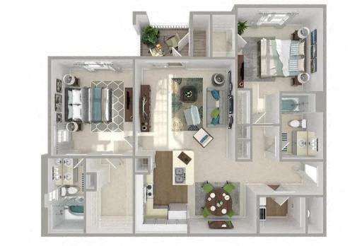 A floor plan of a house with a kitchen, living room, and two bedrooms.