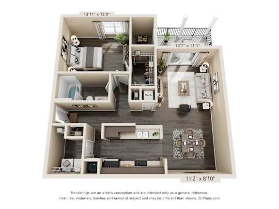 A 3D floor plan of a small apartment with a kitchen, living room, and two bedrooms.