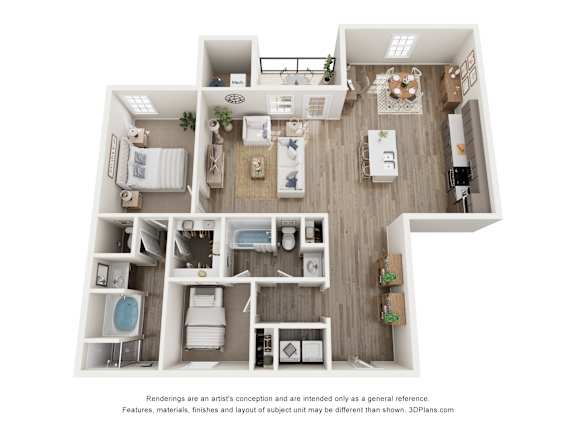 A 3D floor plan of a small apartment with a kitchen, living room, and two bedrooms.