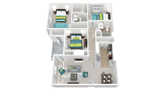 a stylized floor plan with bedrooms and a living room