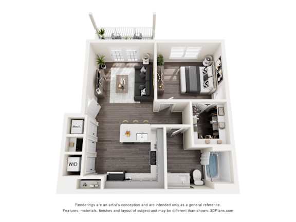 A 3D floor plan of a small apartment with a kitchen, living room, and bathroom.