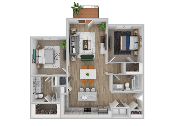 A 3D floor plan of a house with a living room, kitchen, and two bedrooms.