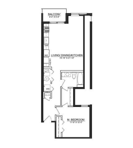 1 Bed 1 Bath 782 Sq. Ft. A1 floor plan at Wells Place Apartments, Chicago, IL, 60607