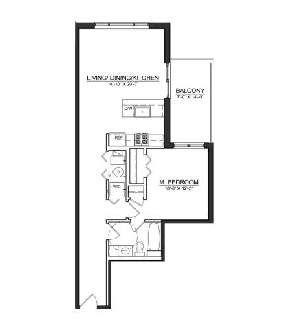1 bed 1 bath floor plan A at Wells Place Apartments, Chicago, IL, 60607