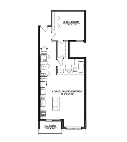 1 bed 1 bath floor plan 1 bed 1 bath floor plan at Wells Place Apartments, Illinois, 60607
