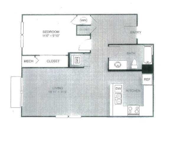 A floor plan of a small apartment with a bedroom, bathroom, kitchen, and living room.