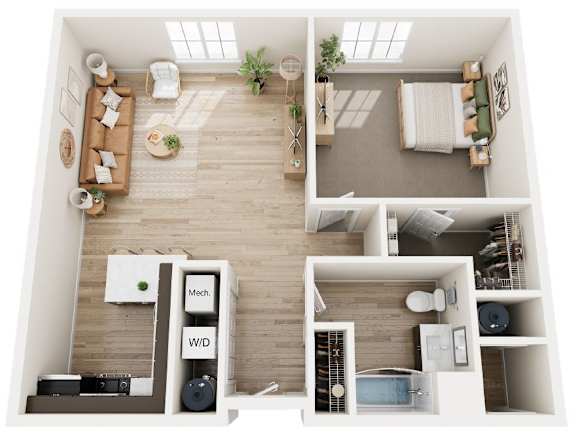 A top down view of a small apartment with a living room, kitchen, and bathroom.