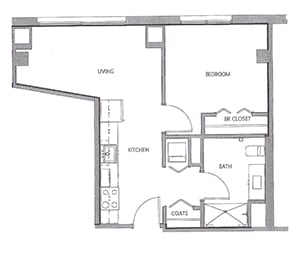 1 bed 1 bath floor plan H at Lakeview 3200 Apartments, Chicago