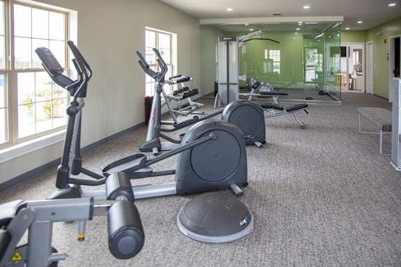 A gym with a variety of exercise equipment.