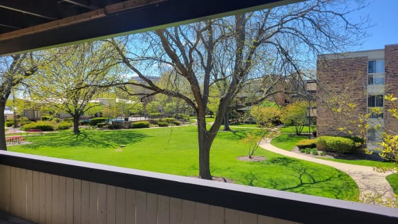 the view of a park from a balcony at Fieldpointe of Schaumburg, Schaumburg, IL