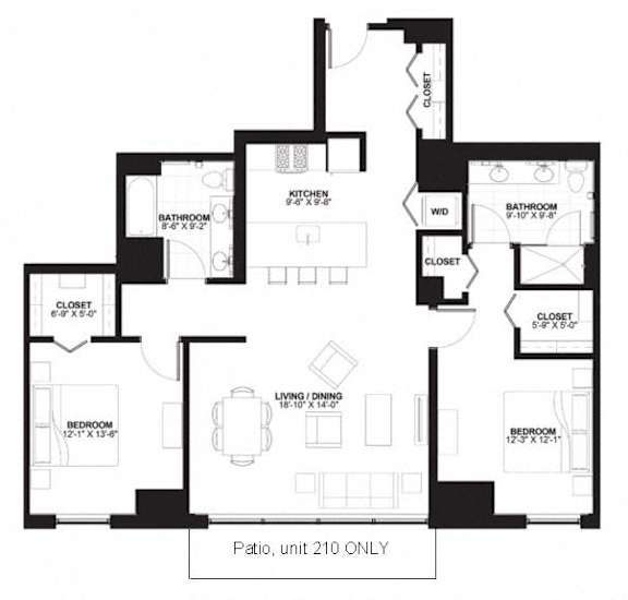 A black and white image of a floor plan for a patio unit.