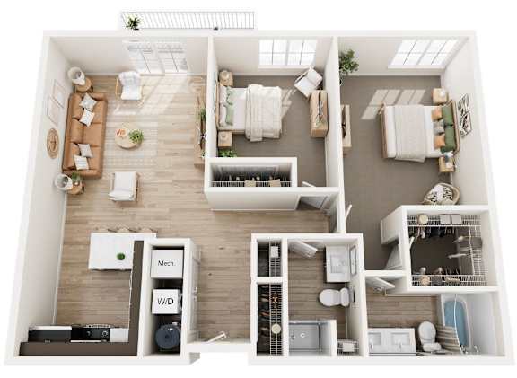 A top-down view of a small apartment with a kitchen, living room, and bathroom.
