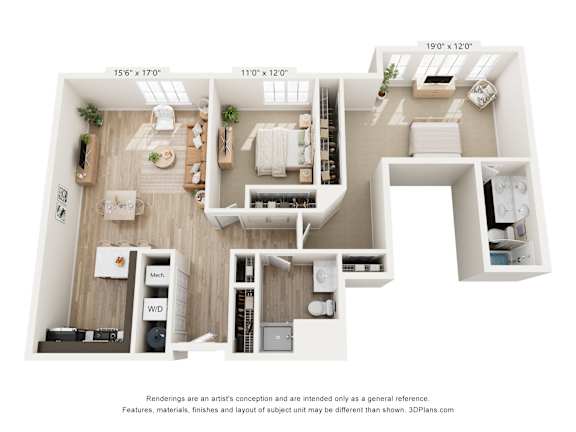 a 3d floor plan of a 2100 sq ft apartment
