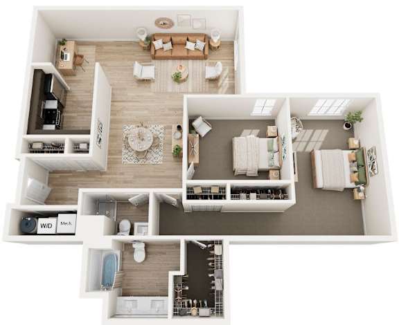 A top-down view of a house layout with labeled sections.