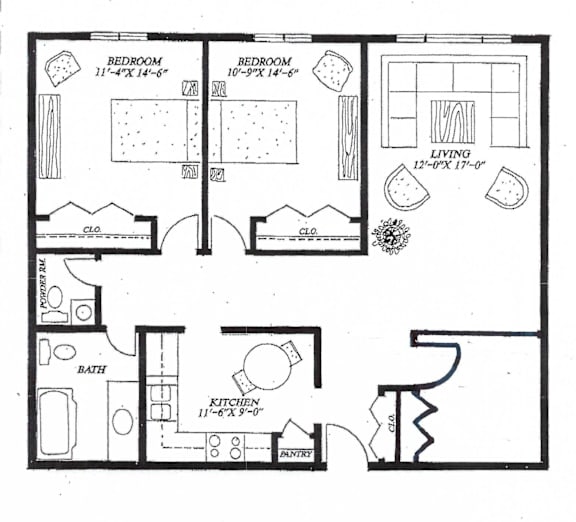 A black and white image of a floor plan for a house with two bedrooms, a living room, a kitchen, a bathroom, and a pantry.