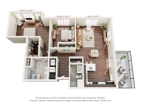 A 3D floor plan of a house with dimensions and a disclaimer.