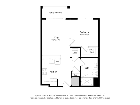 1 bed 1 bath floor plan Gat 42 Hundred On The Lake, Wisconsin, 53235