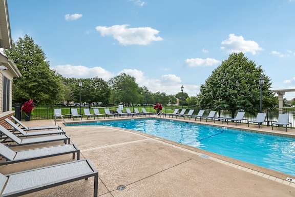 A pool surrounded by lounge chairs and trees.