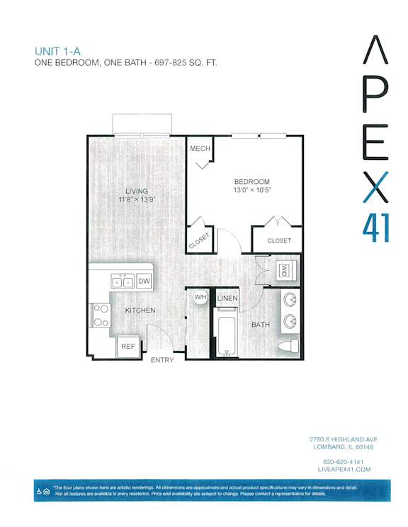 1 bed 1 bath 825 Sq. Ft. | A18  floor plan  at Apex 41, Illinois