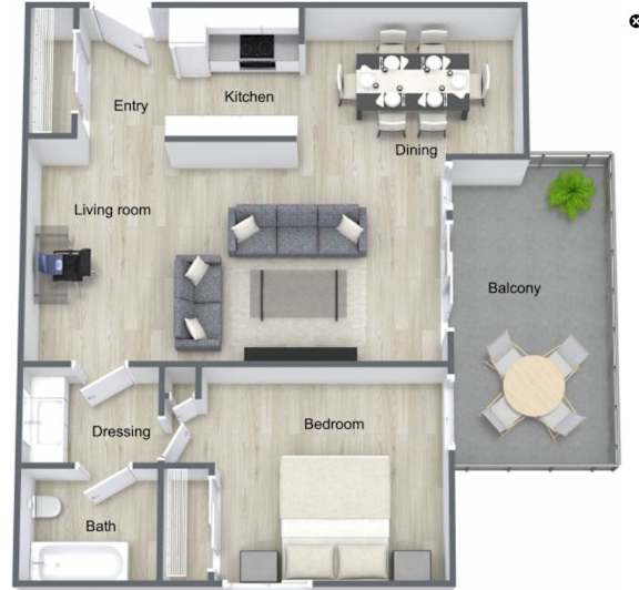 Floor Plan  A floor plan of a house with a living room, dining room, kitchen, balcony, and bathroom.