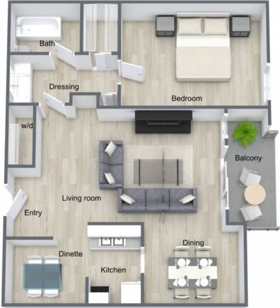 1 bed 1 bath floor plan A at Fieldpointe of Schaumburg, Illinois, 60173