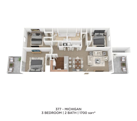 3 bedroom 2 bath floor plan at Evergreen Luxury Apartments, Merrillville, 46410