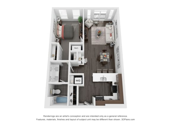 1 bed 1 bath floor plan F at Central Station, Illinois, 60201