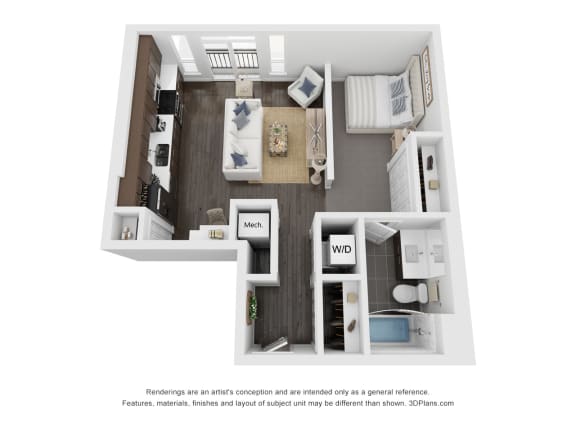 Floor Plan  Studio 1 bath  590 Sq. Ft. Studio A floor plan at Central Station, Evanston, Illinois